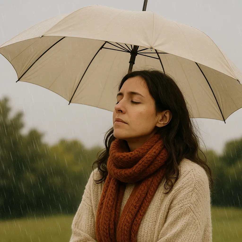 une femme sous un parapluie fait une pause en fermant les yeux et semble être mélancolique