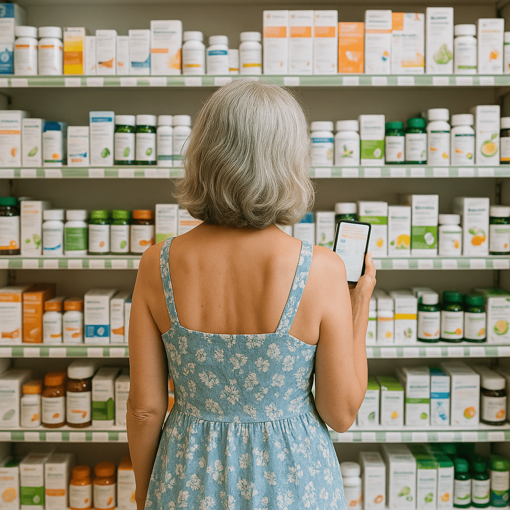 une femme senior de dos regarde un rayon de compléments alimentaires son smartphone à la main pour l'aider à trouver un bon produit